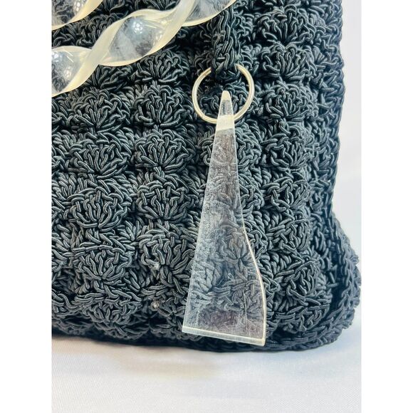 Vintage Mid Century Crochet Black Handbag Tote Satchel Lucite Handles EUC - Picture 7 of 10